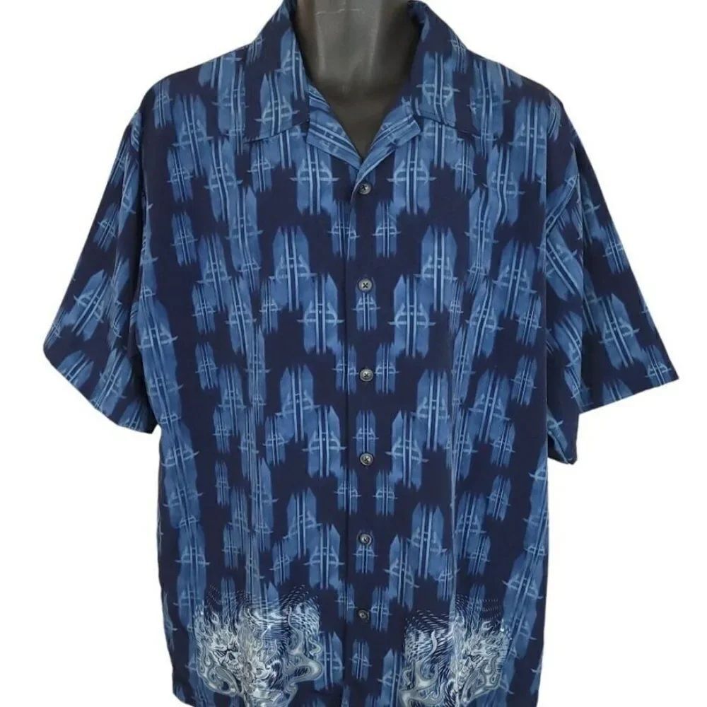 Anchor Blue Camp Shirt Vintage 90s Y2K Skulls Flames All Over Print Mens Large
